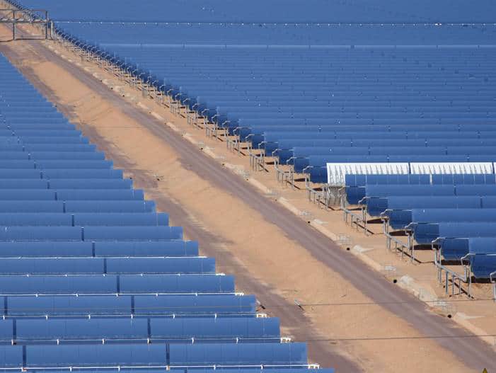 A close-up of the parabolic troughs of Noor 2